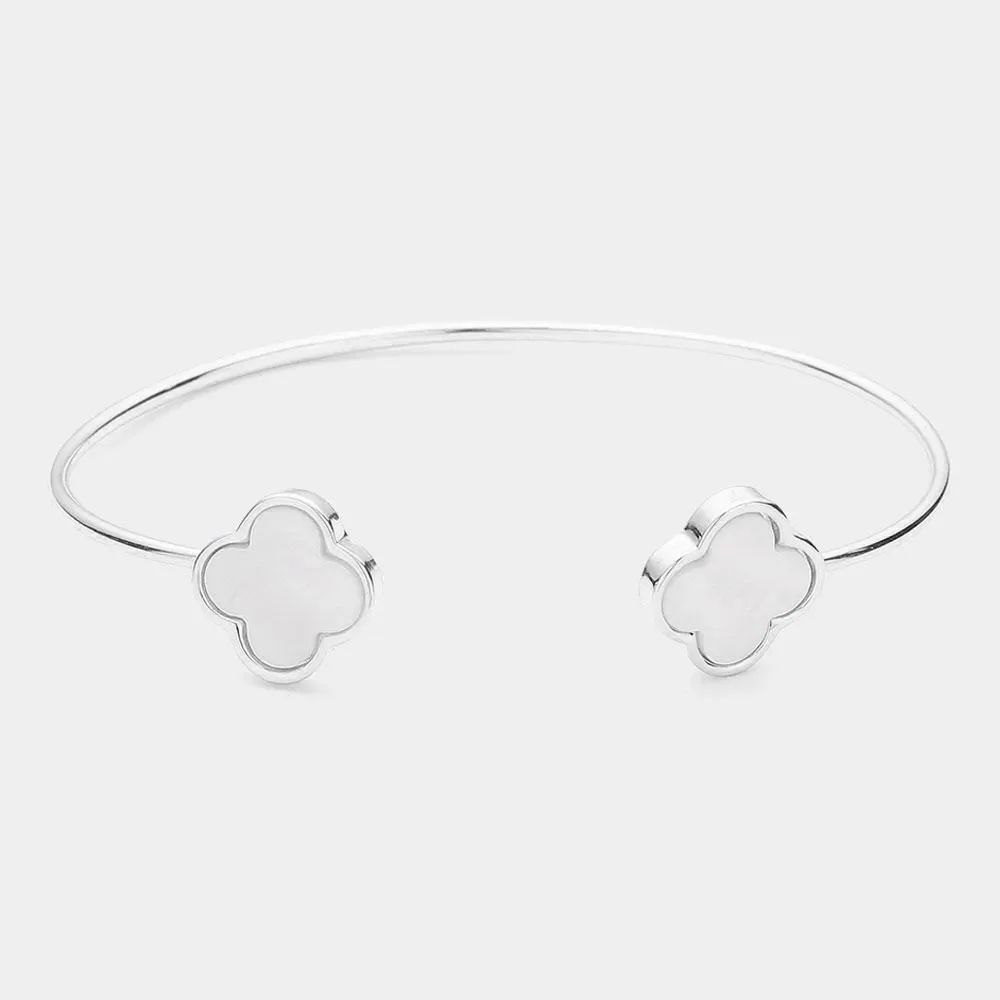 Brand New Boutique Mother Of Pearl Quatrefoil Tip Open Cuff Bracelet in Silver